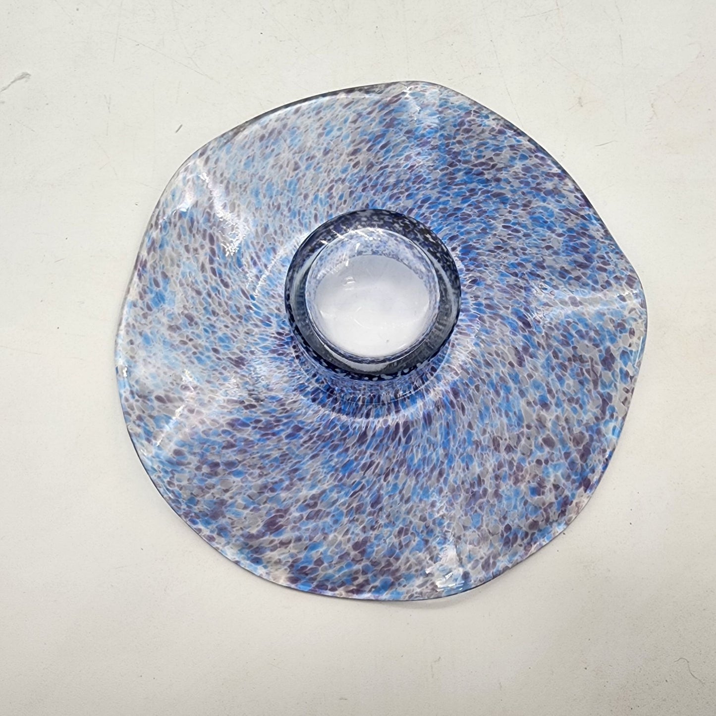 Vintage Round Wavy Blue Speckled Art Glass Candle Holder