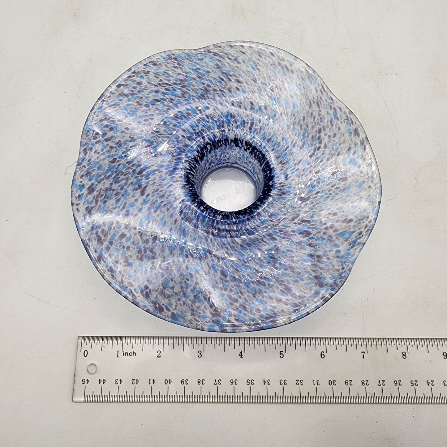 Vintage Round Wavy Blue Speckled Art Glass Candle Holder
