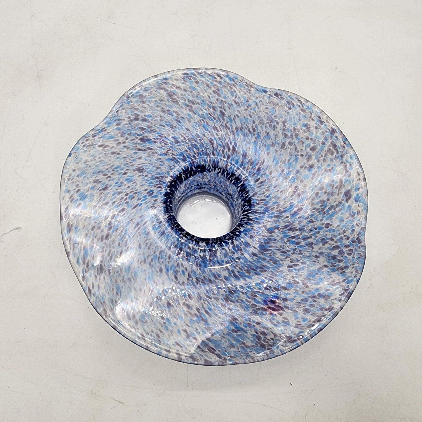 Vintage Round Wavy Blue Speckled Art Glass Candle Holder