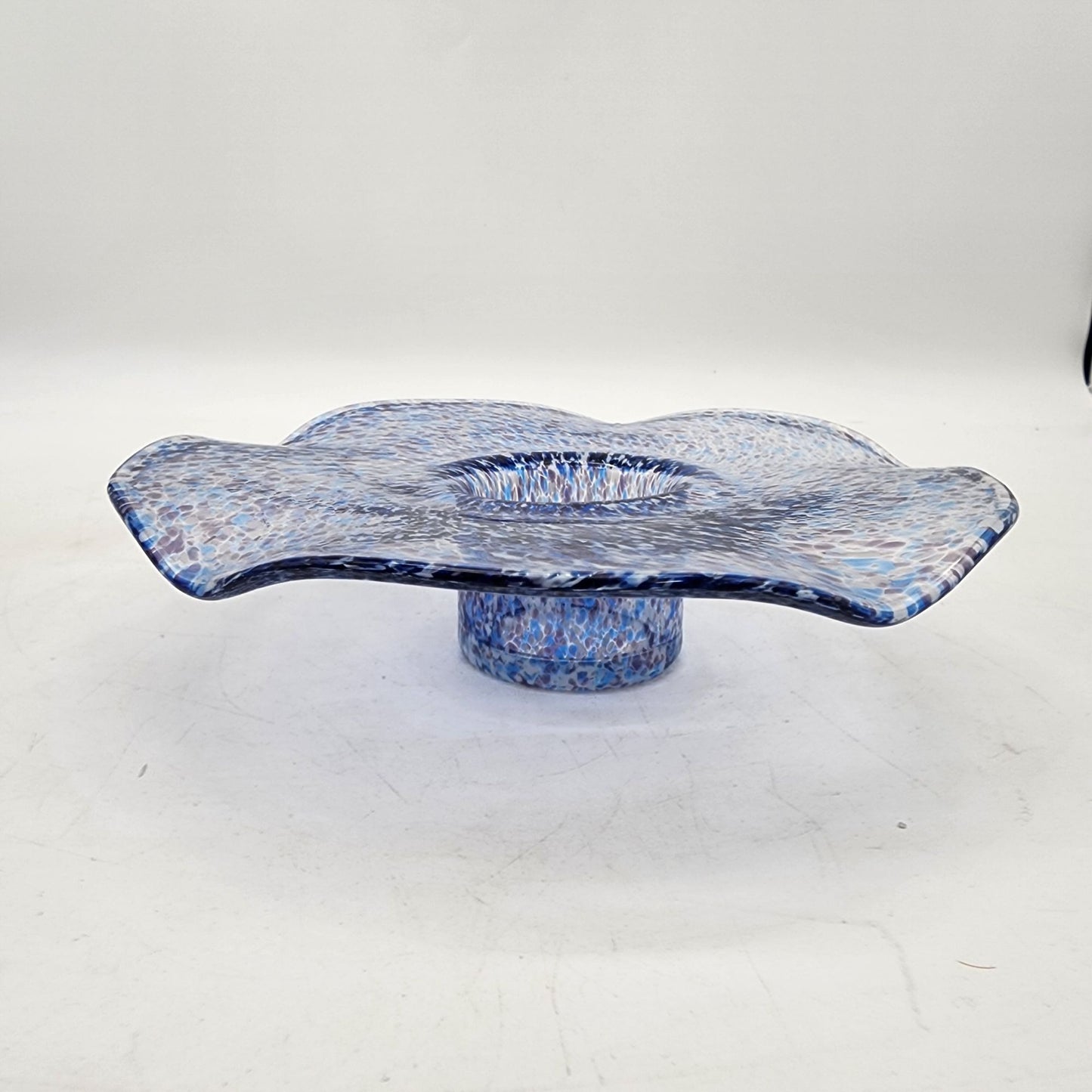 Vintage Round Wavy Blue Speckled Art Glass Candle Holder