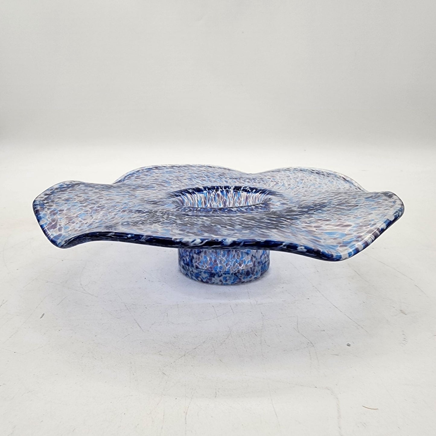 Vintage Round Wavy Blue Speckled Art Glass Candle Holder