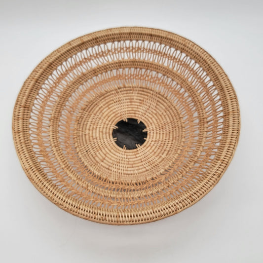 Signed Woven Seagrass Basket With Wood Center