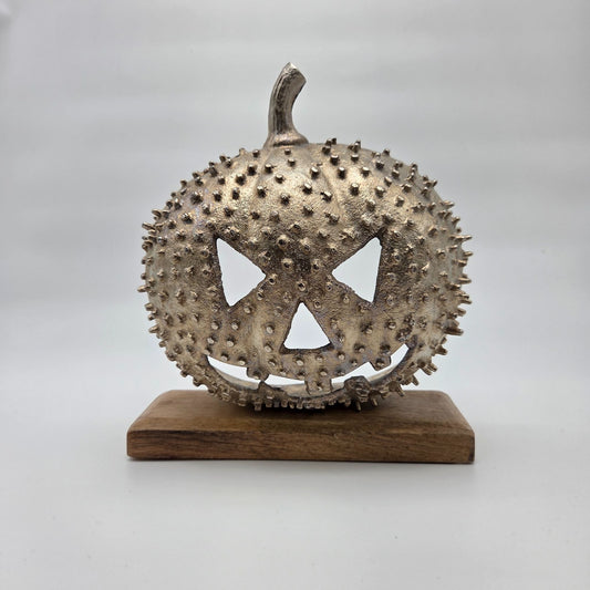 Studded Metal Jack O Lantern Sculpture On Wood Base