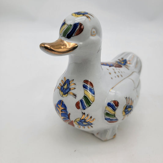 Vintage Hand-Painted Porcelain Duck Figurine With Gold Accents