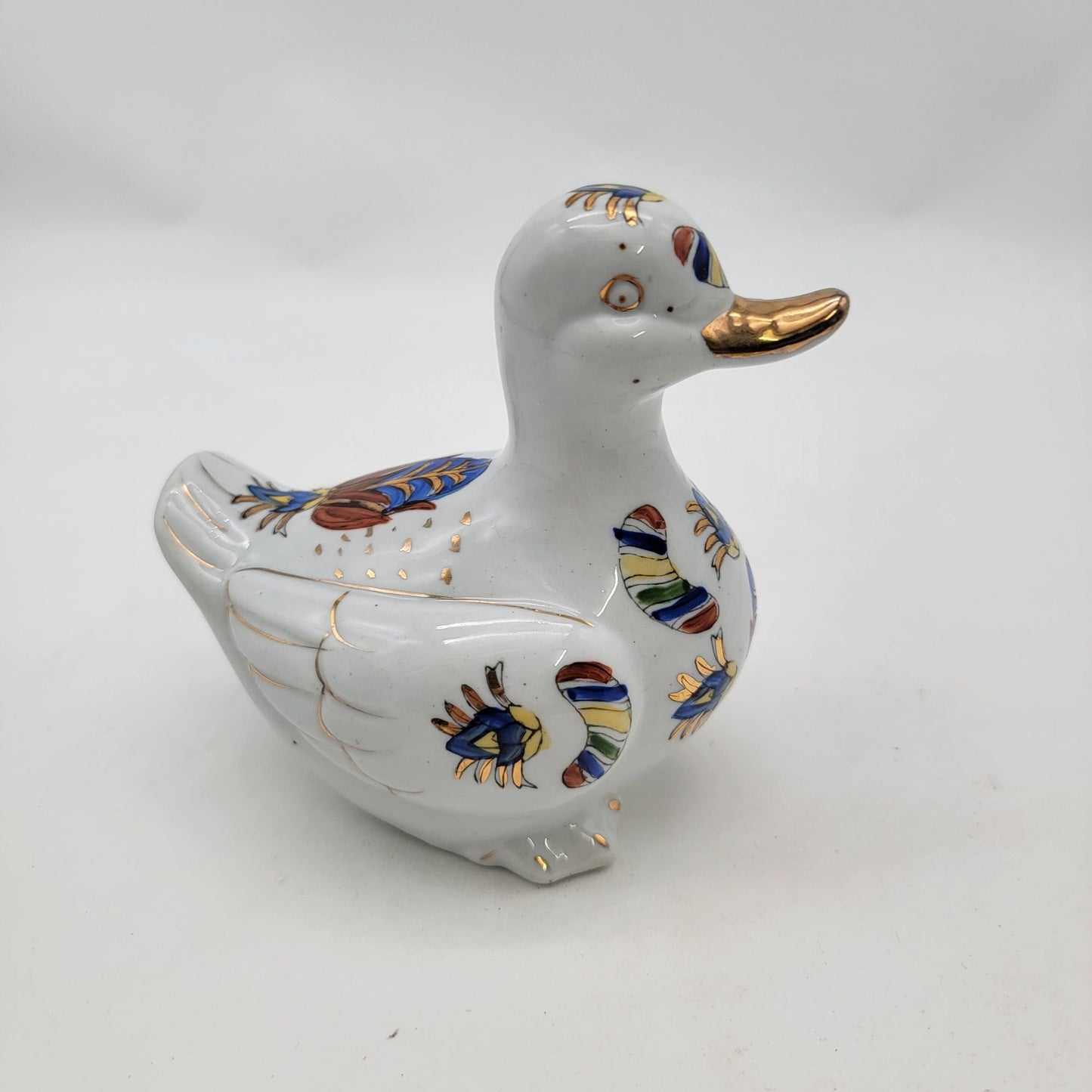 Vintage Hand-Painted Porcelain Duck Figurine With Gold Accents