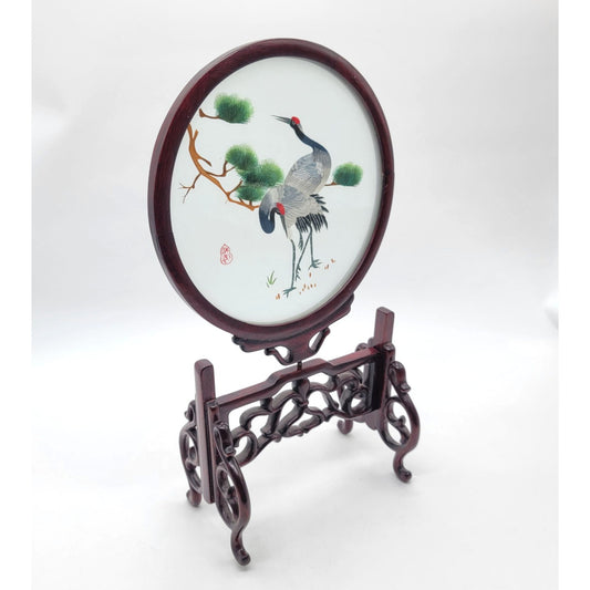 Vintage Suzhou Silk Embroidery Table Screen With Cranes