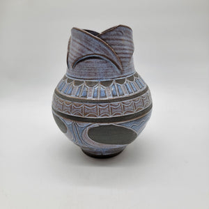 1993 Larry Allen Blue Incised Sgraffito Art Nouveau Style Pottery Vase