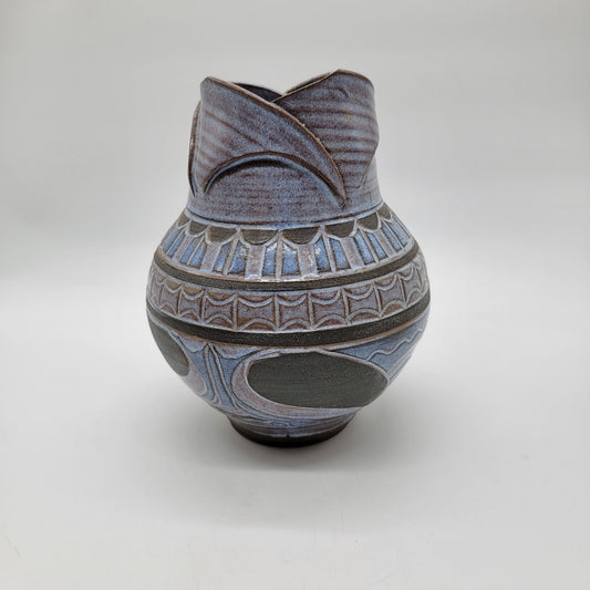 1993 Larry Allen Blue Incised Sgraffito Art Nouveau Style Pottery Vase