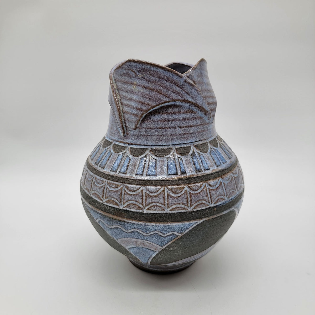 1993 Larry Allen Blue Incised Sgraffito Art Nouveau Style Pottery Vase