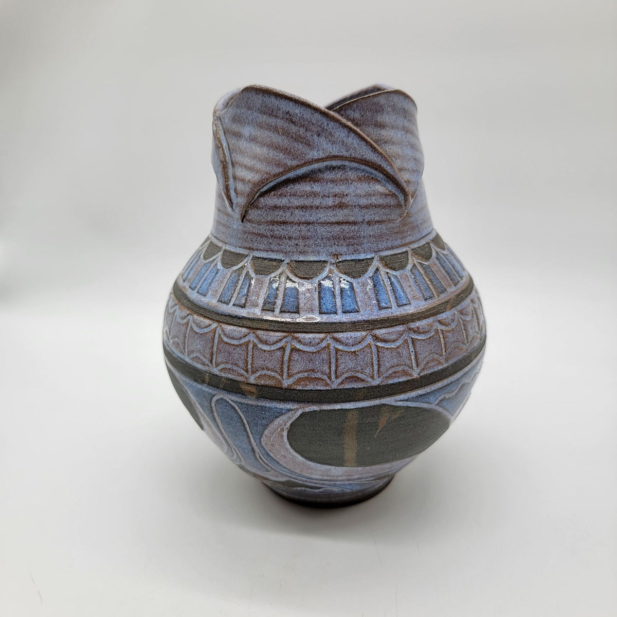 1993 Larry Allen Blue Incised Sgraffito Art Nouveau Style Pottery Vase
