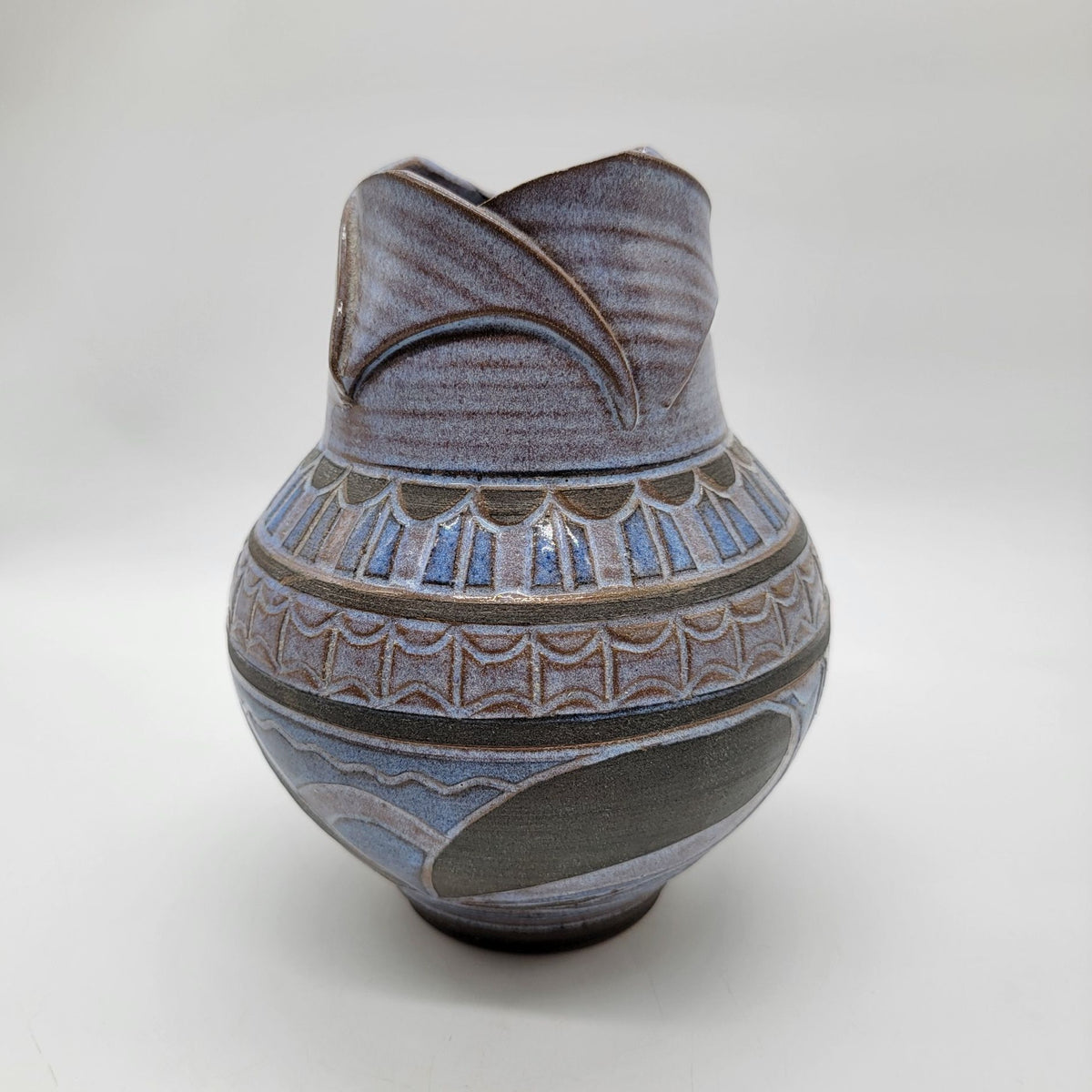 1993 Larry Allen Blue Incised Sgraffito Art Nouveau Style Pottery Vase