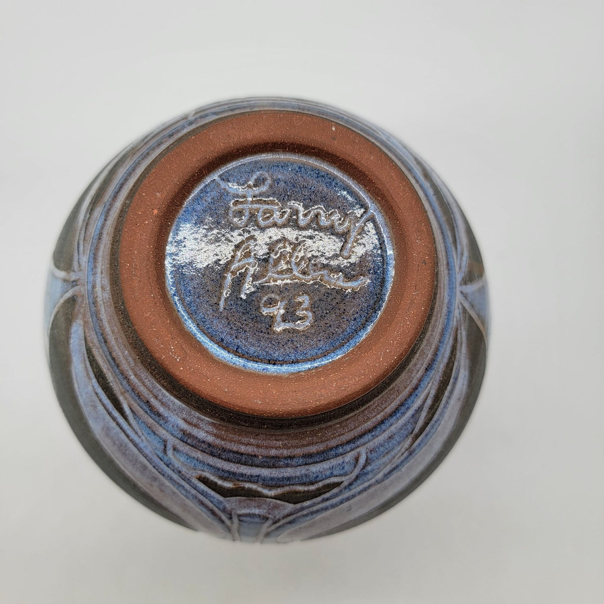 1993 Larry Allen Blue Incised Sgraffito Art Nouveau Style Pottery Vase
