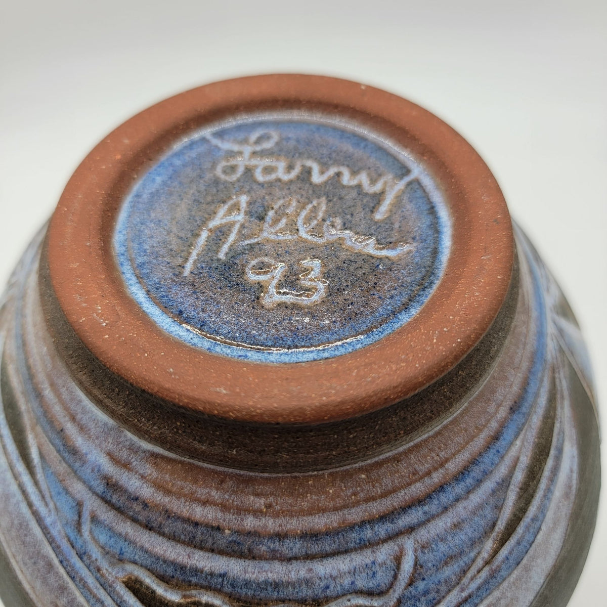 1993 Larry Allen Blue Incised Sgraffito Art Nouveau Style Pottery Vase