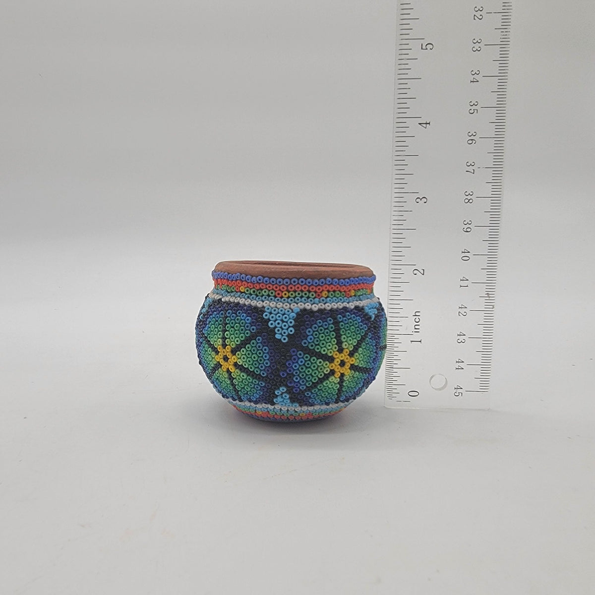 Vintage Huichol Beaded Miniature Terracota Clay Pot