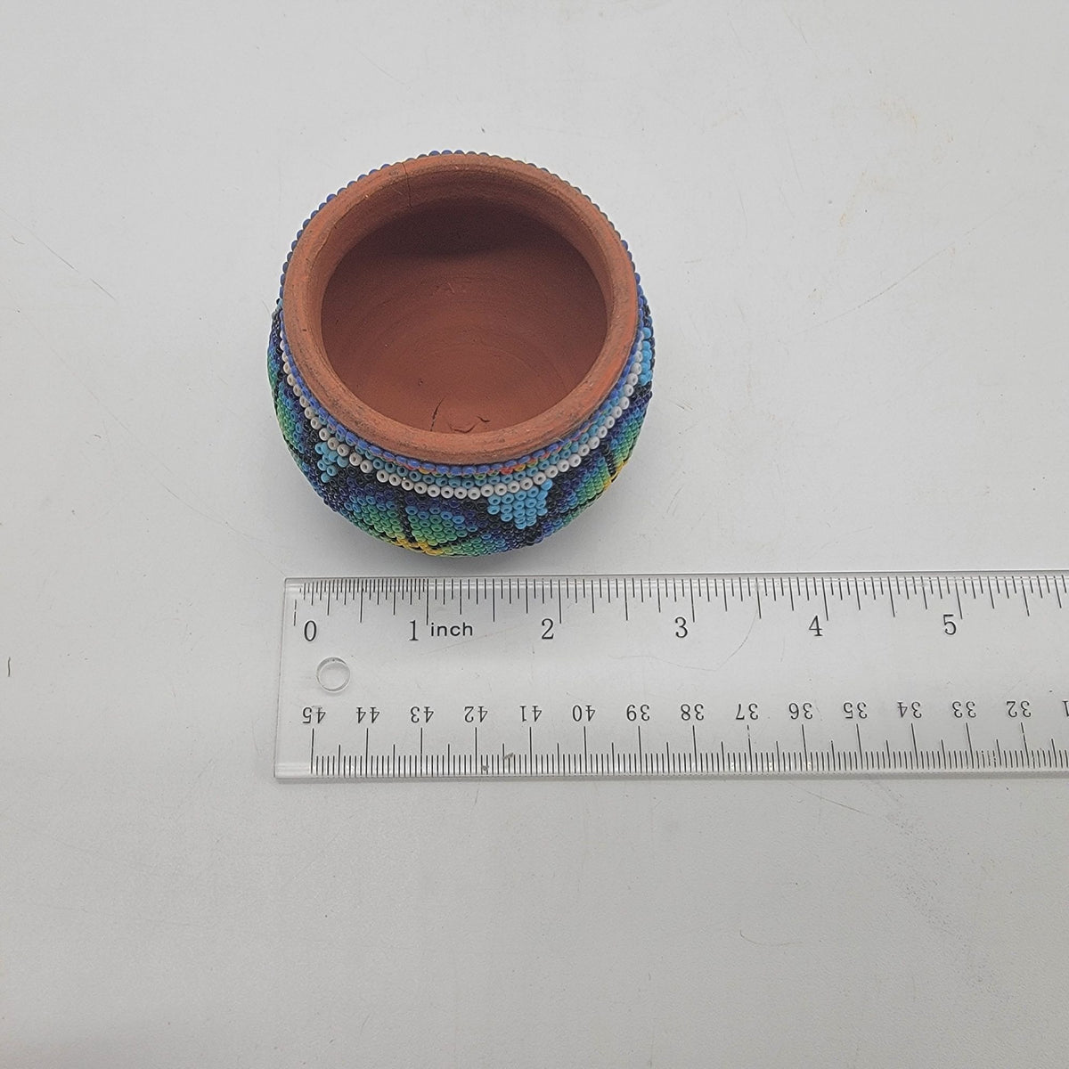 Vintage Huichol Beaded Miniature Terracota Clay Pot