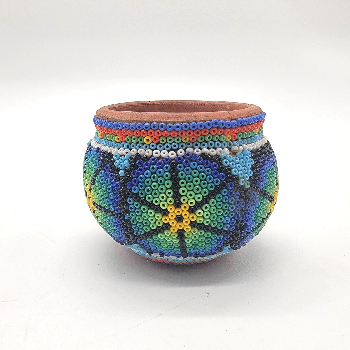 Vintage Huichol Beaded Miniature Terracota Clay Pot