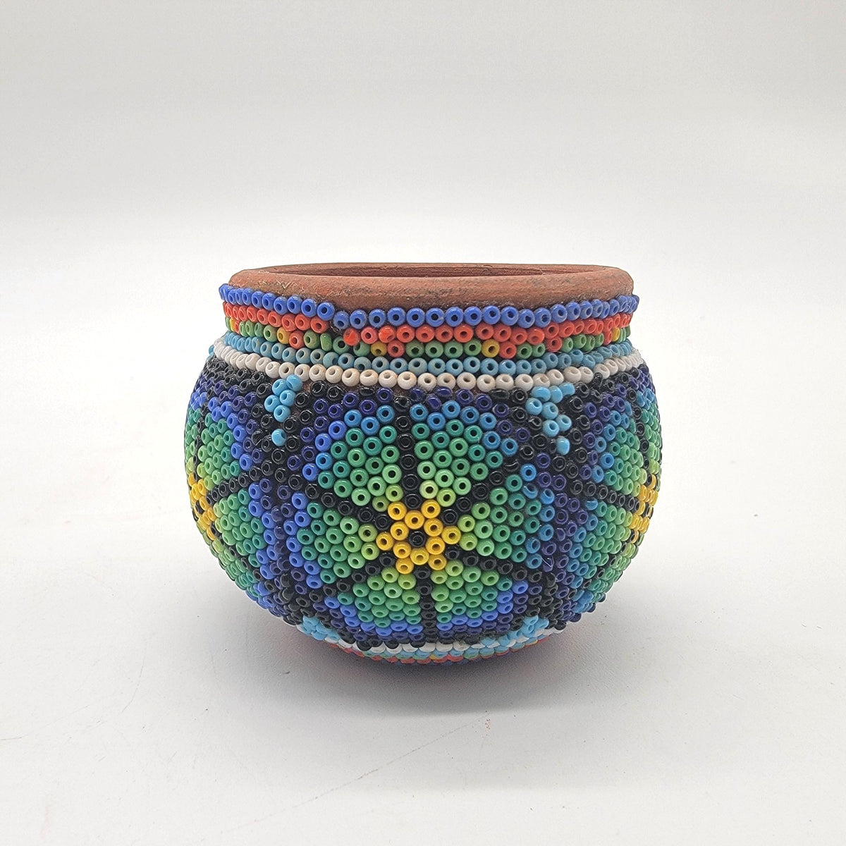 Vintage Huichol Beaded Miniature Terracota Clay Pot