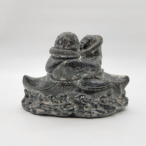 Vintage Wolf Original Soapstone Inuit Couple In Kayak Sculpture