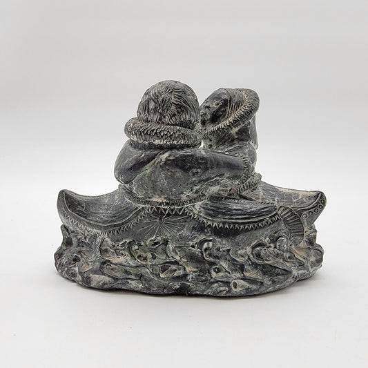 Vintage Wolf Original Soapstone Inuit Couple In Kayak Sculpture