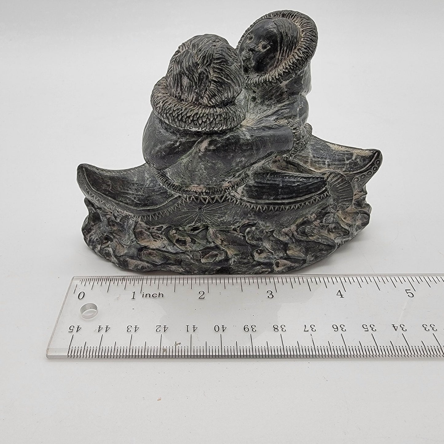 Vintage Wolf Original Soapstone Inuit Couple In Kayak Sculpture