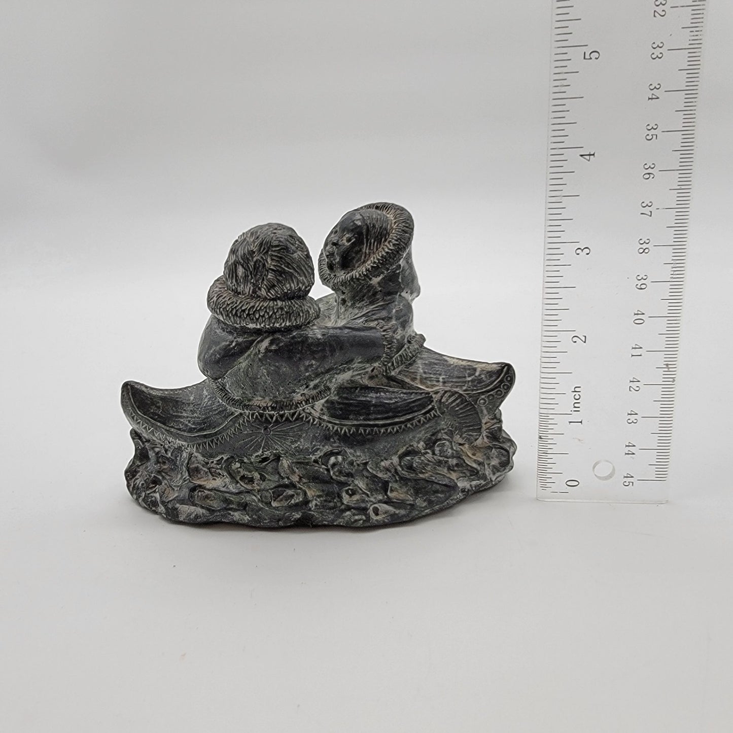Vintage Wolf Original Soapstone Inuit Couple In Kayak Sculpture