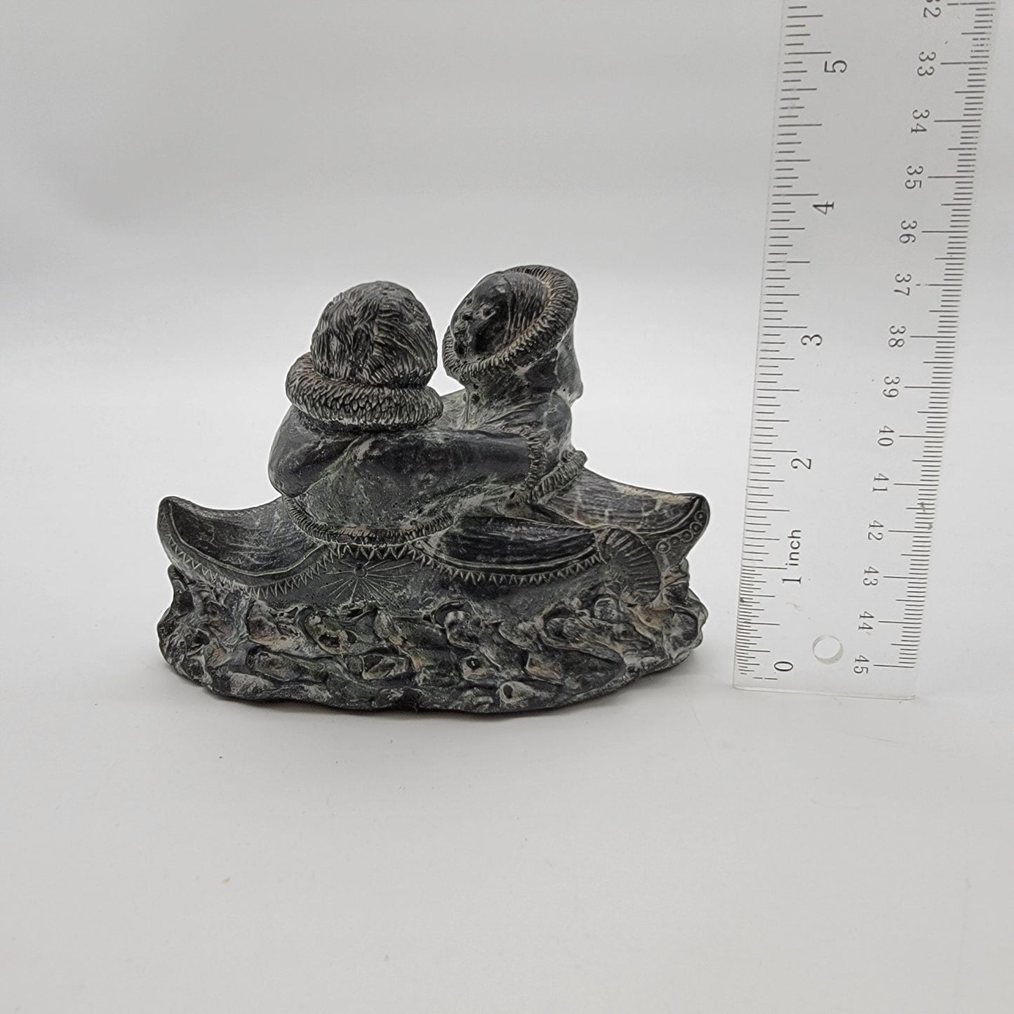 Vintage Wolf Original Soapstone Inuit Couple In Kayak Sculpture