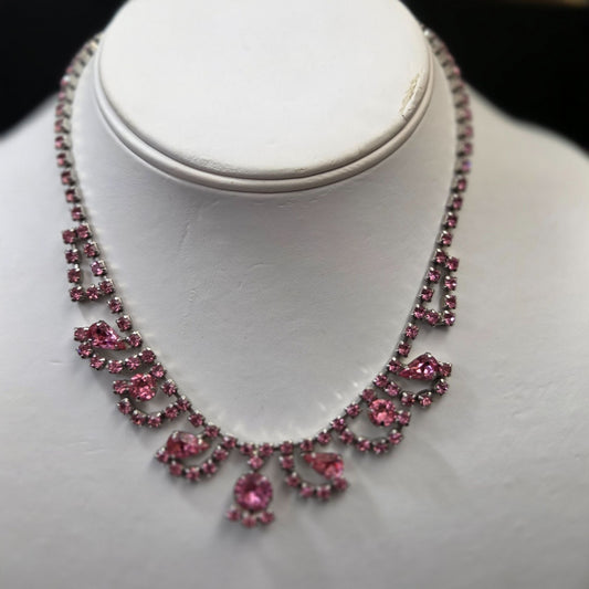 Vintage Pink Prong-Set Rhinestone Scalloped Bib Necklace