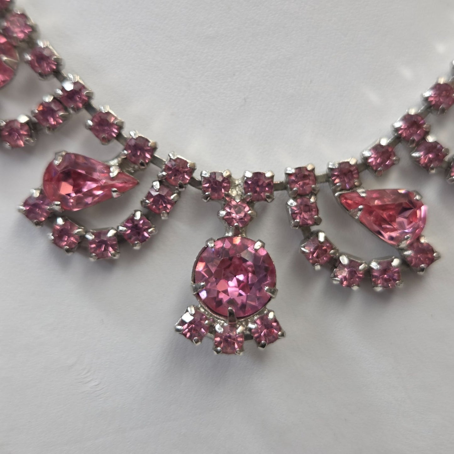 Vintage Pink Prong-Set Rhinestone Scalloped Bib Necklace