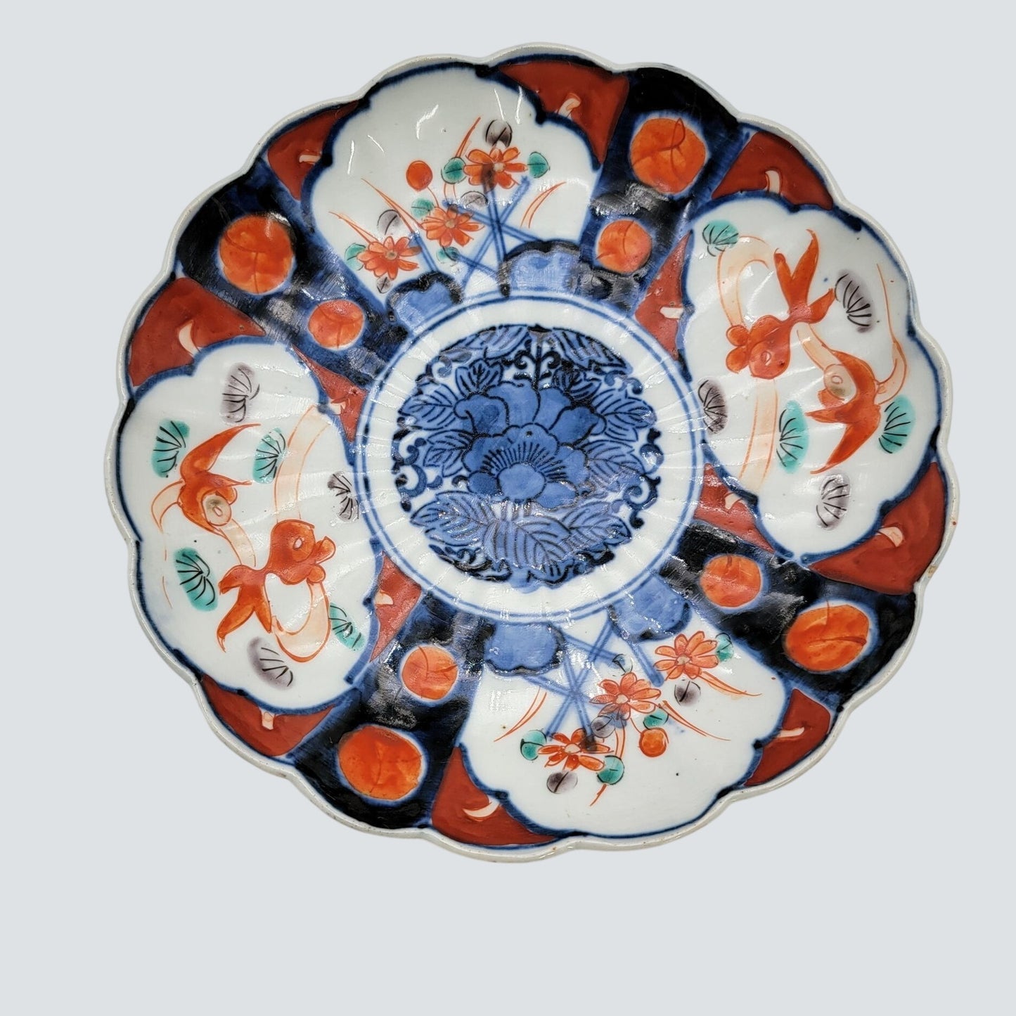 Vintage Japanese Imari Porcelain Dish With Scalloped Edges & Hand-Painted Floral & Goldfish Motif