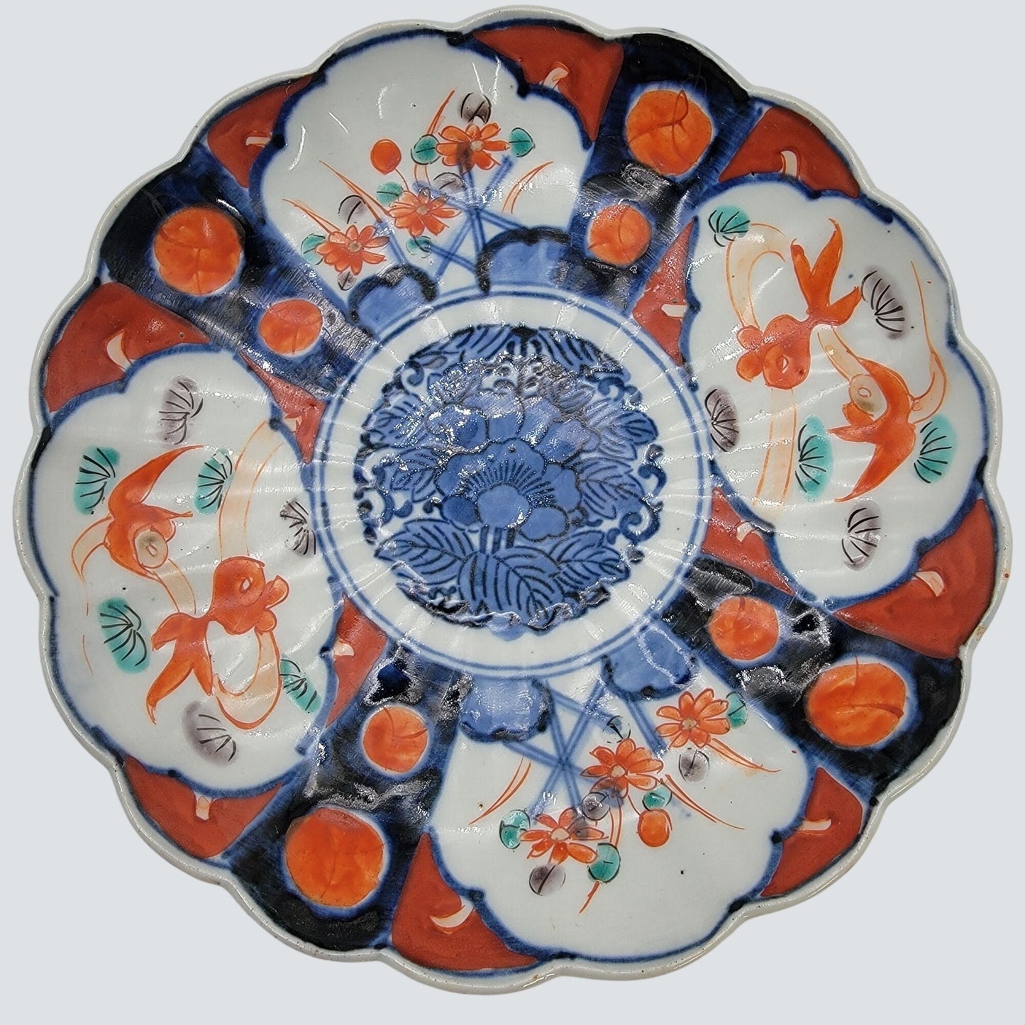 Vintage Japanese Imari Porcelain Dish With Scalloped Edges & Hand-Painted Floral & Goldfish Motif