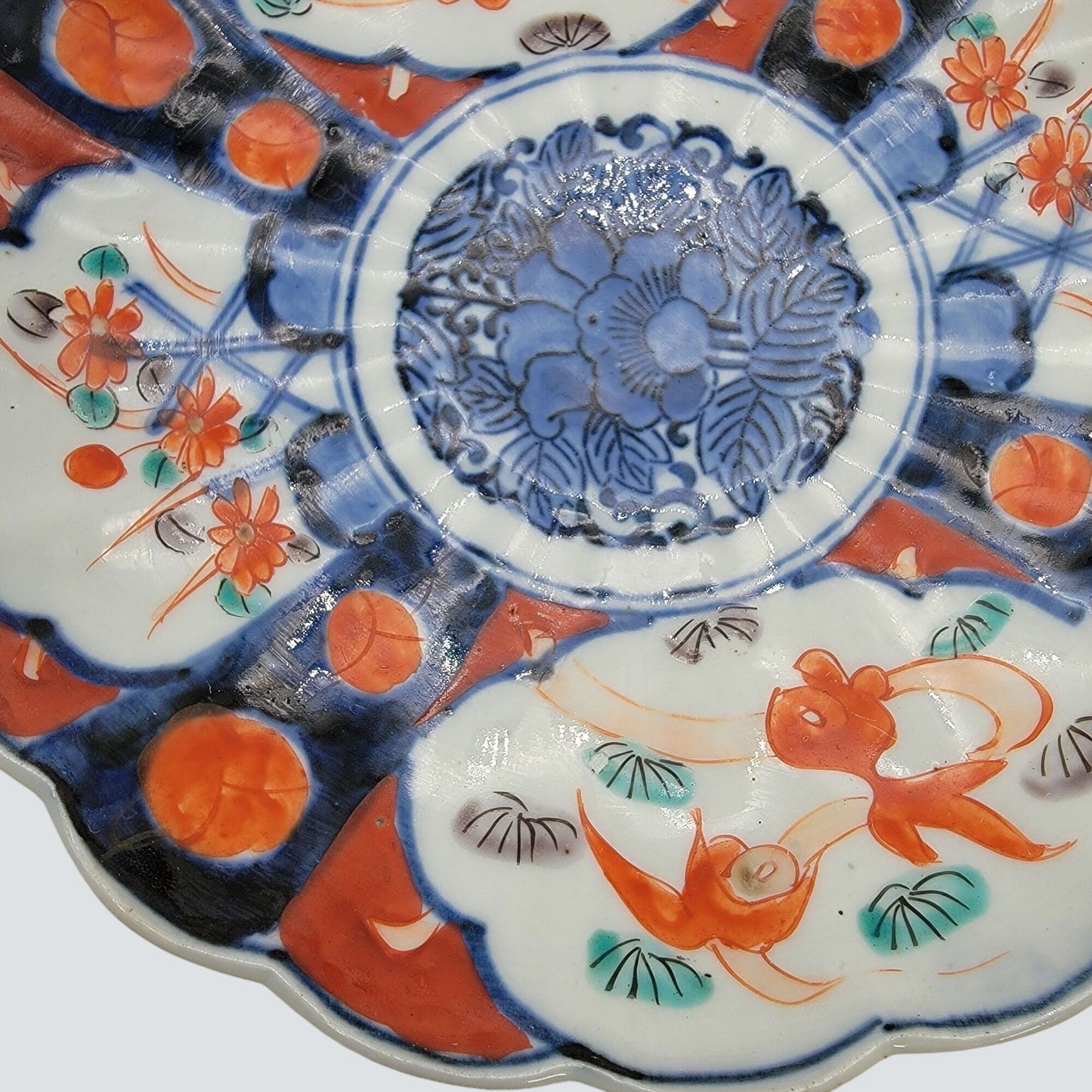 Vintage Japanese Imari Porcelain Dish With Scalloped Edges & Hand-Painted Floral & Goldfish Motif