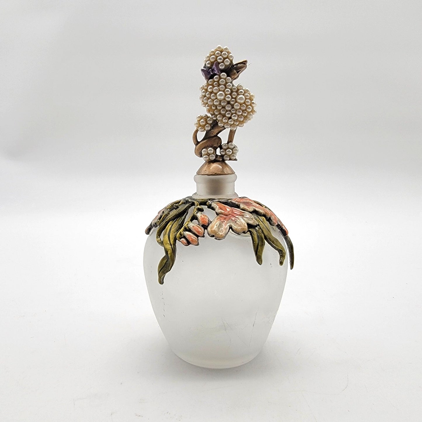 Poodle & Enameled Floral Frosted Glass Perfume Bottle