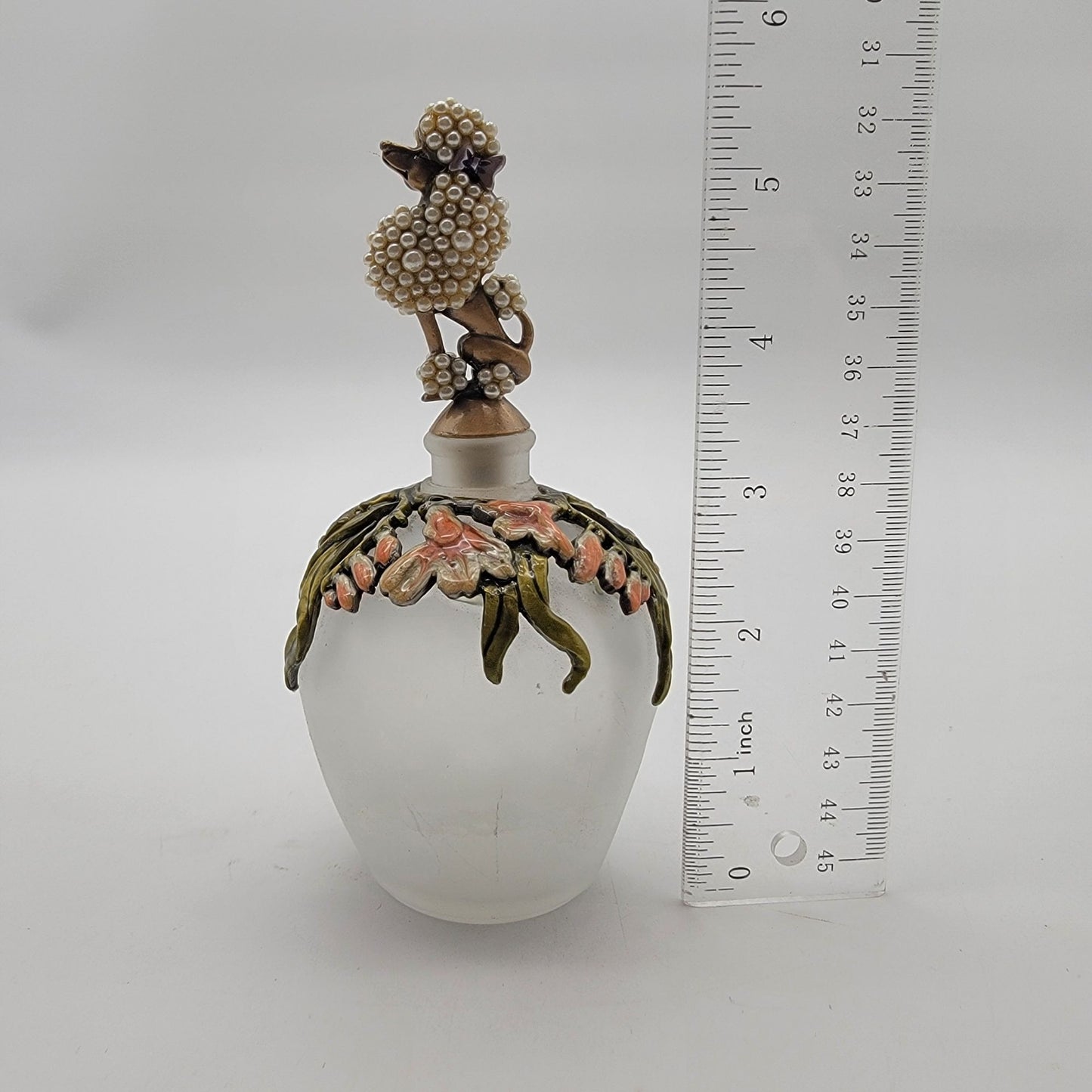 Poodle & Enameled Floral Frosted Glass Perfume Bottle