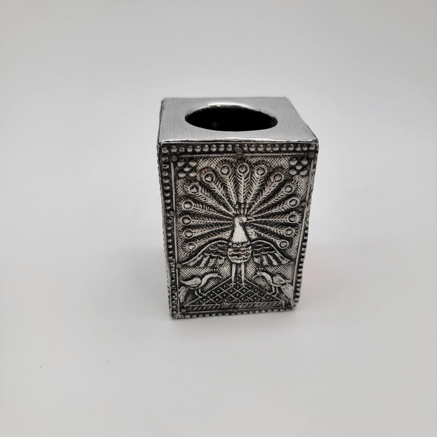 Silver Tin Peacock Pen Pencil Holder Cup