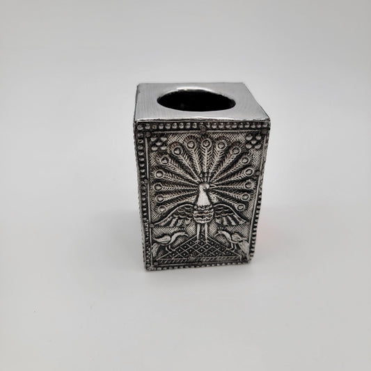 Silver Tin Peacock Pen Pencil Holder Cup