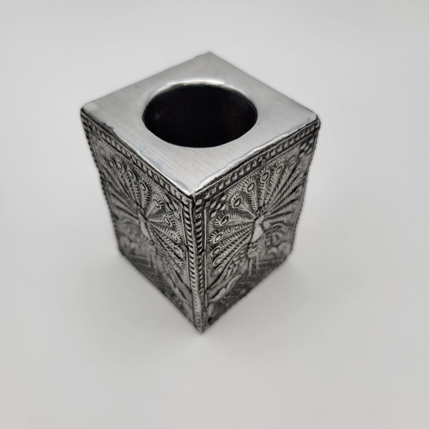 Silver Tin Peacock Pen Pencil Holder Cup