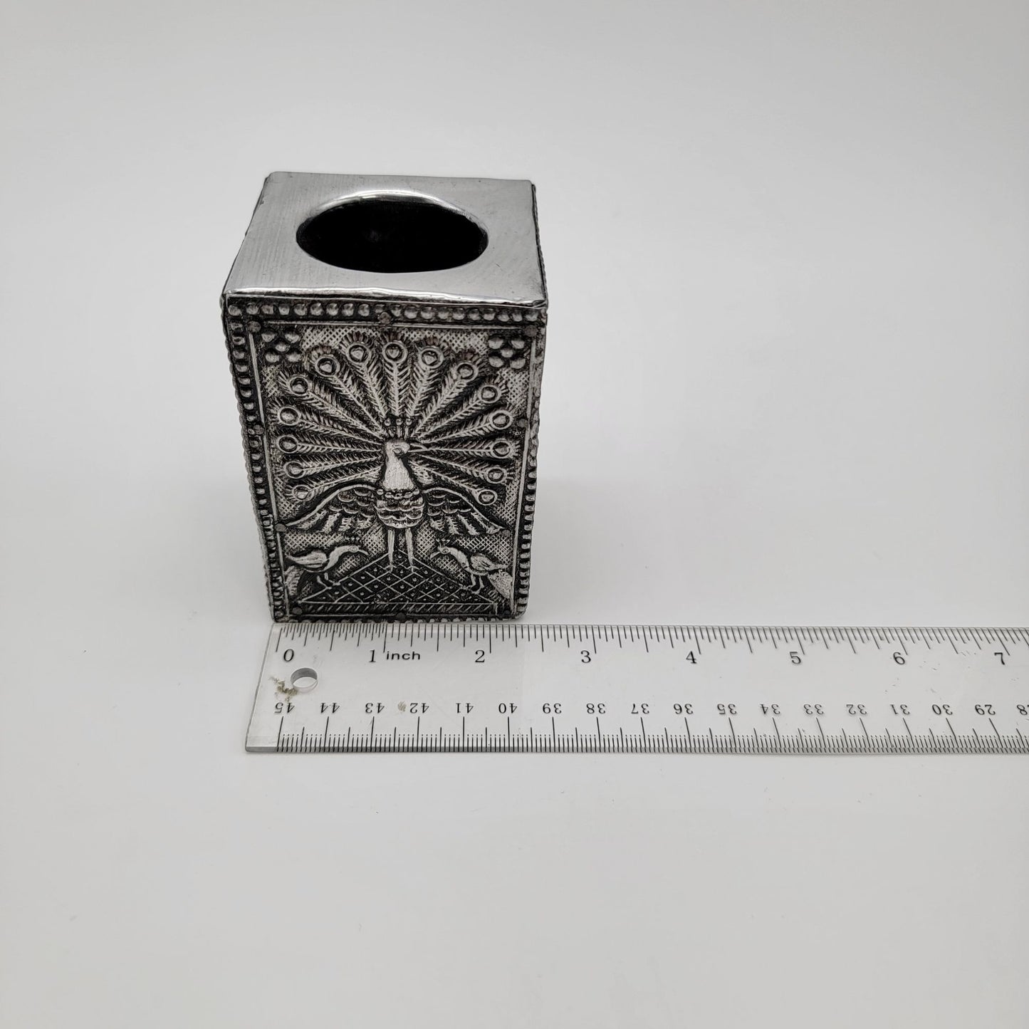 Silver Tin Peacock Pen Pencil Holder Cup