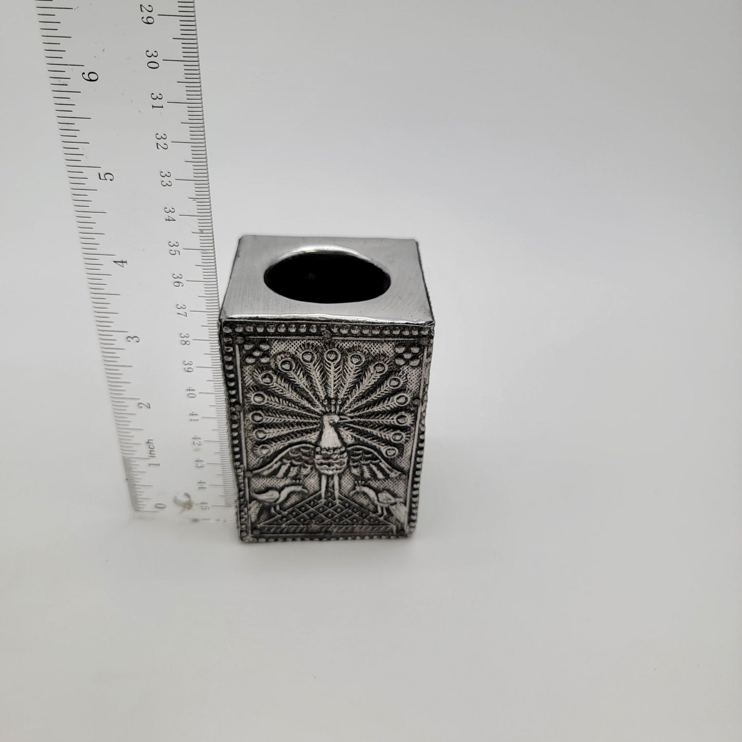 Silver Tin Peacock Pen Pencil Holder Cup