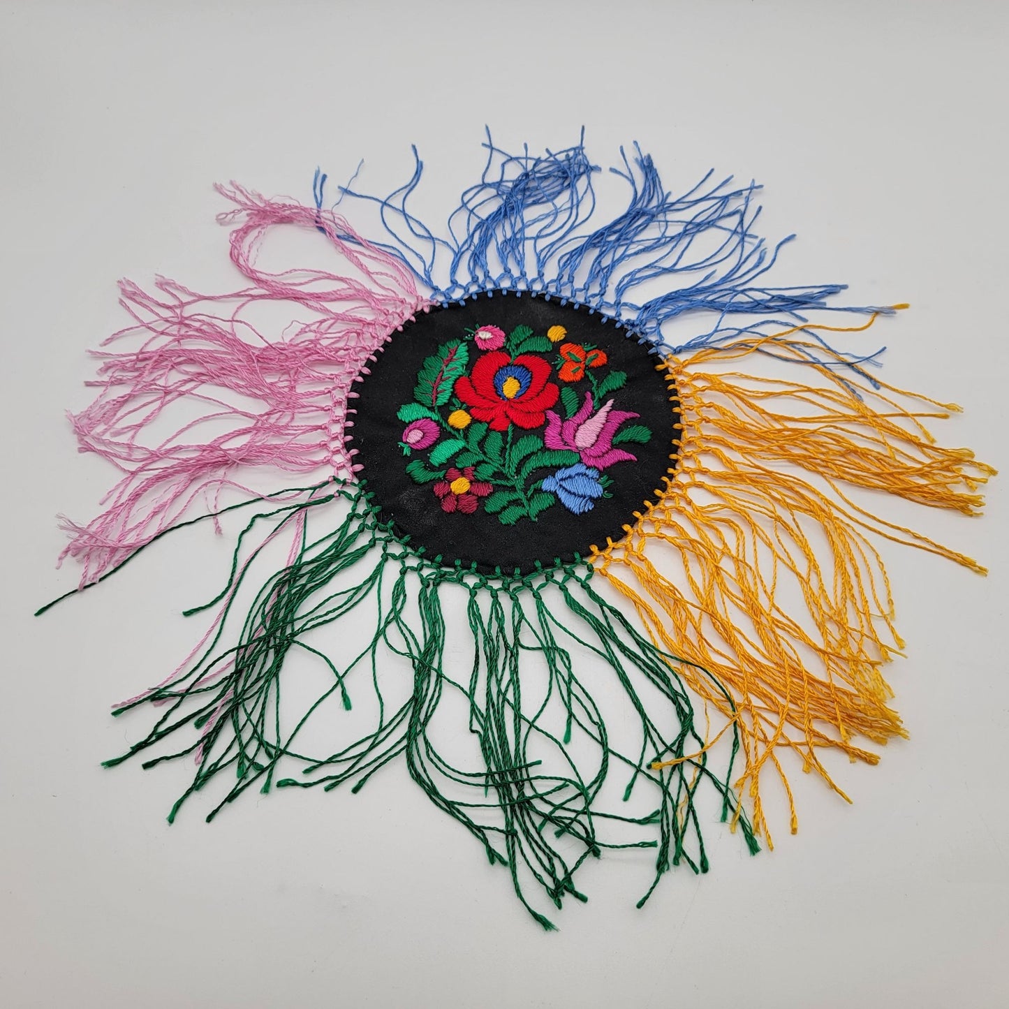 Vintage Hungarian Matyo Embroidered Fringed Doily