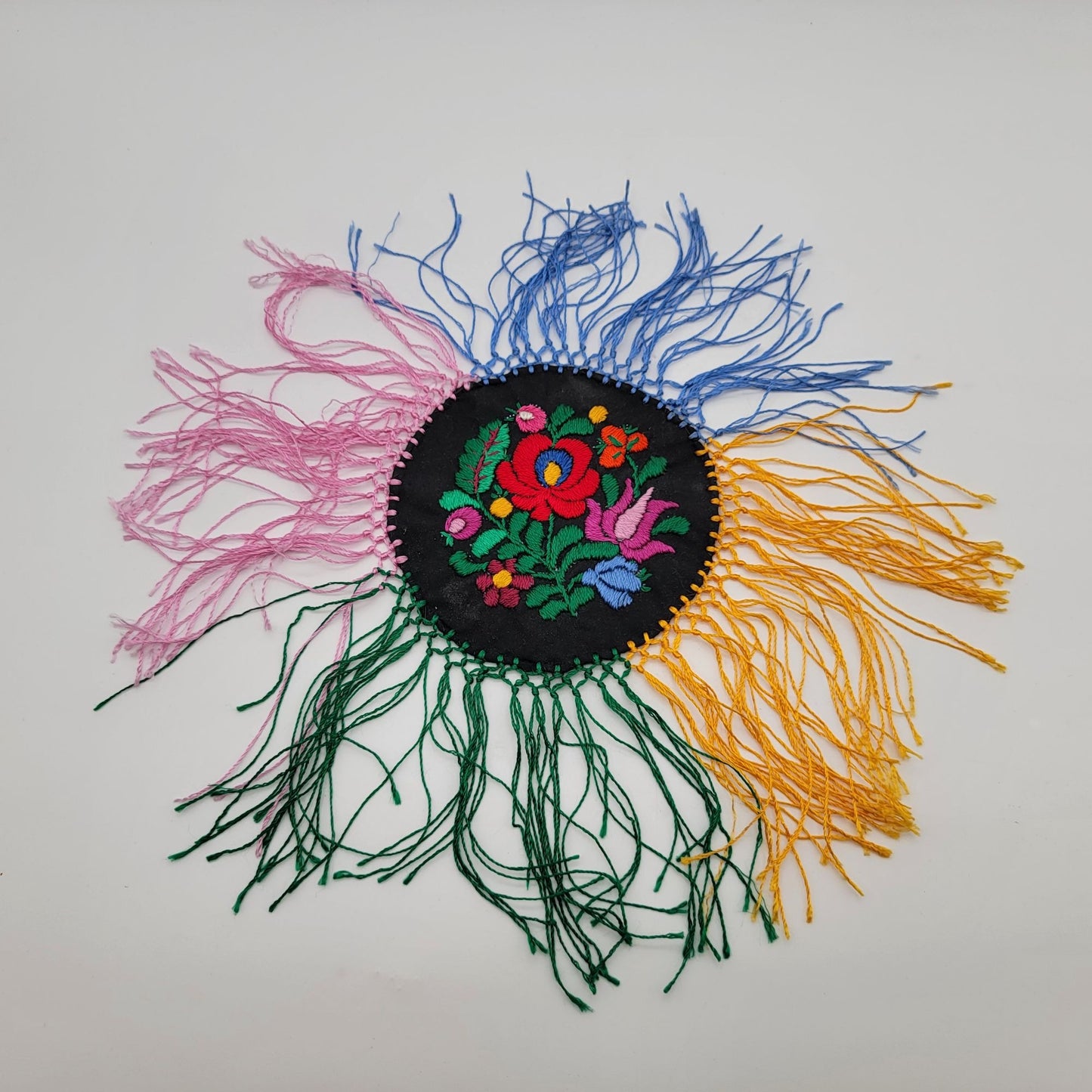 Vintage Hungarian Matyo Embroidered Fringed Doily