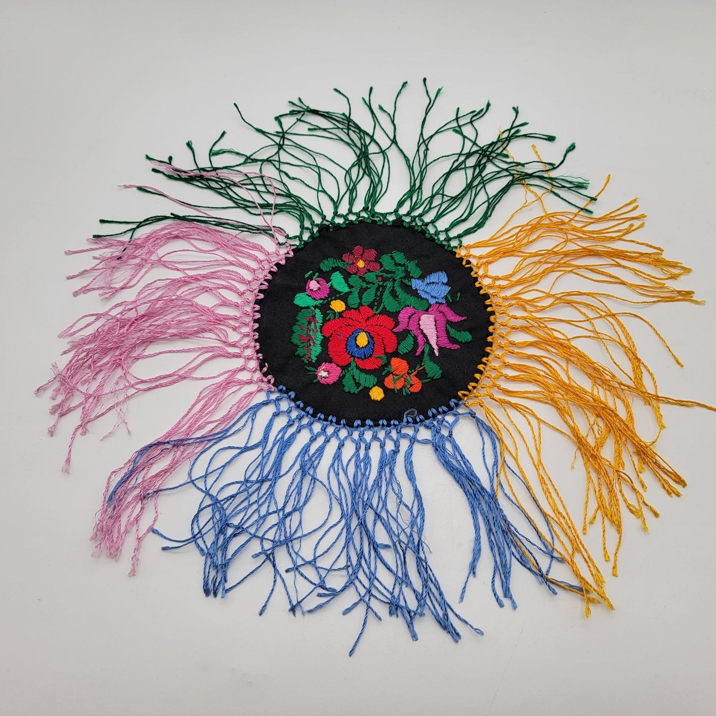 Vintage Hungarian Matyo Embroidered Fringed Doily