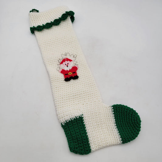 Vintage Hand-Crocheted Santa Christmas Stocking White & Green
