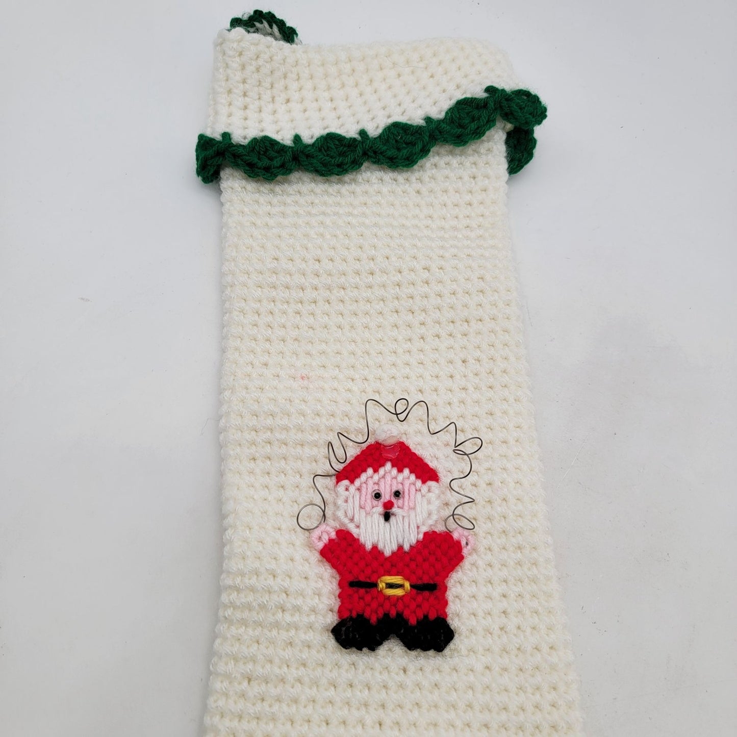 Vintage Hand-Crocheted Santa Christmas Stocking White & Green