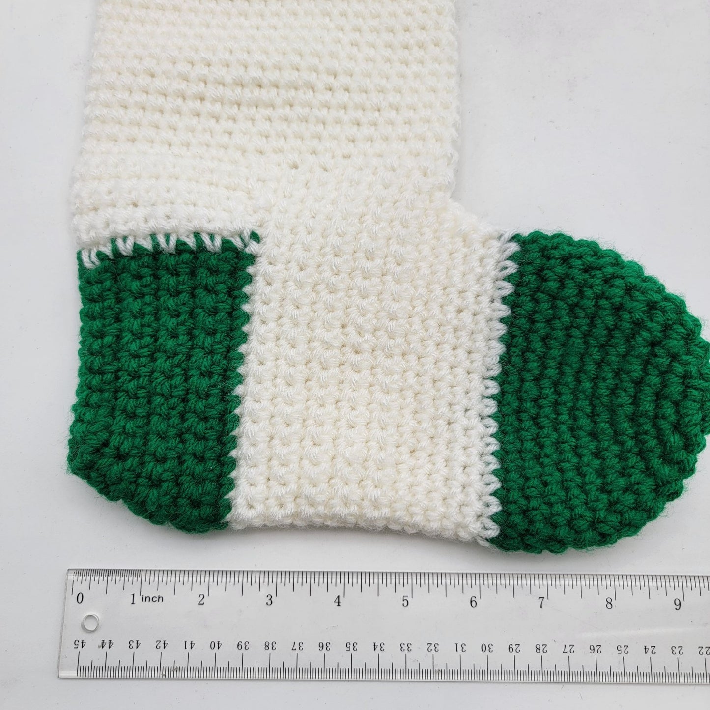 Vintage Hand-Crocheted Santa Christmas Stocking White & Green