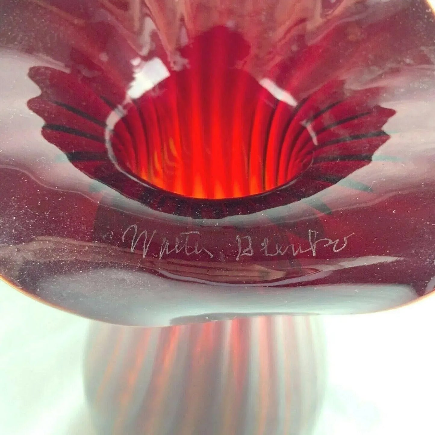 Walter Blenko Jack in the Pulpit Glass Amberina Ribbed Signed Vase