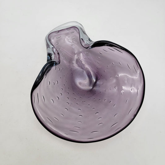 Vintage Mid Century Abstract Amethyst Purple Controlled Bubble Art Glass Ashtray Bowl