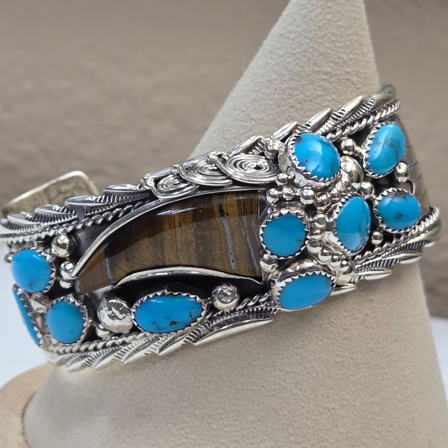 James Shay Running Bear Sterling Silver Navajo Cuff Bracelet Turquoise & Tigers Eye Gemstone