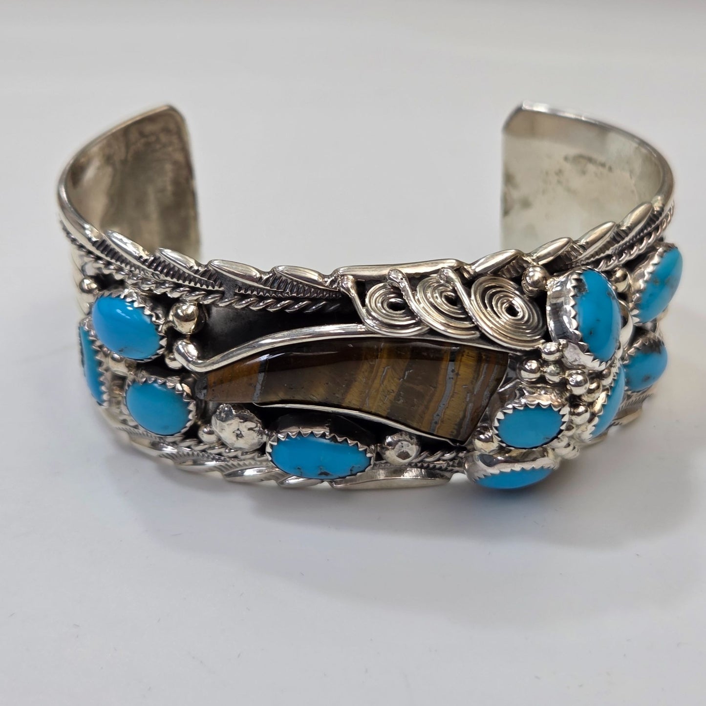 James Shay Running Bear Sterling Silver Navajo Cuff Bracelet Turquoise & Tigers Eye Gemstone