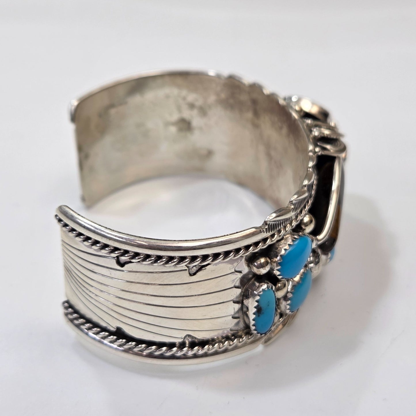 James Shay Running Bear Sterling Silver Navajo Cuff Bracelet Turquoise & Tigers Eye Gemstone
