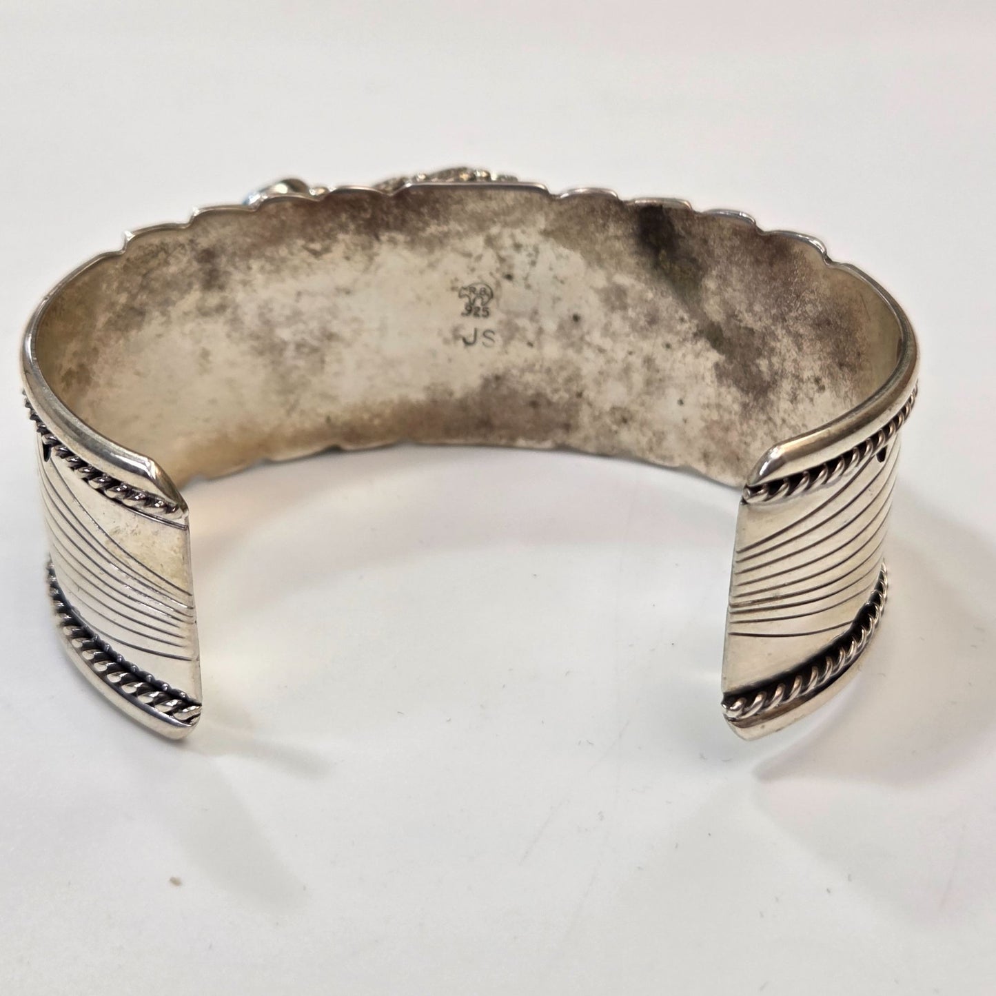 James Shay Running Bear Sterling Silver Navajo Cuff Bracelet Turquoise & Tigers Eye Gemstone